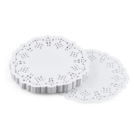 QRTSJ Lot de 100 Napperon en Papier Rond, Papier Rond en Dentelle Blanche 6,5 pouces pour mariage, anniversaire, gâteaux, desser