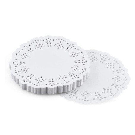 QRTSJ Lot de 100 Napperon en Papier Rond, Papier Rond en Dentelle Blanche 6,5 pouces pour mariage, anniversaire, gâteaux, desser