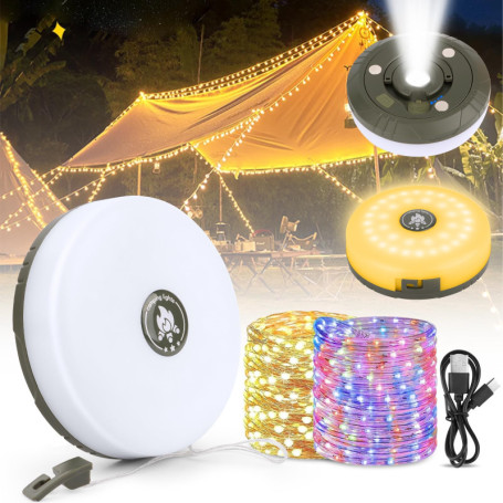 Guirlande Lumineuse de Camping, Lampe Camping Escamotable avec 10m de Guirlande Lumineuse à Led, Guirlande Lumineuse Portable ét