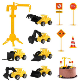 FANTESI Lot de 12 décorations de gâteau pour enfants, chantier, pelleteuse, véhicules de chantier, panneaux de signalisation pou