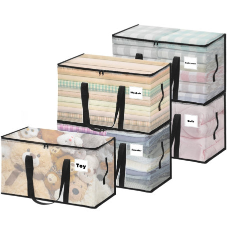 Vautvis Lot de 5 Grand Sac De Rangement Vetement, 100L Boite Rangement Vetement en Transparente, Housse de Couette Pliable avec 