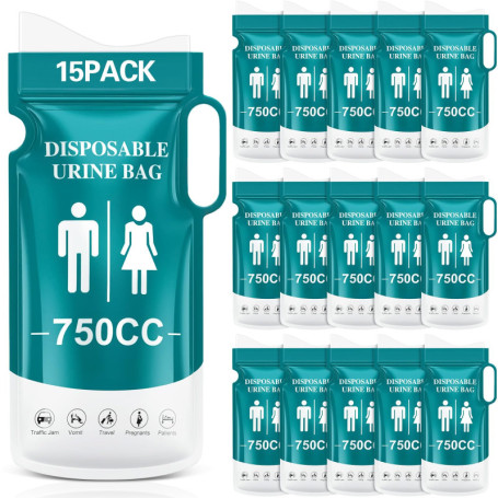 BBLTIFF 15 Pièces Sac Urinaire, 750 ML Urinoirs Portables, Pisse Debout, Toilettes Portables pour Femmes, Hommes et Enfants, Sac