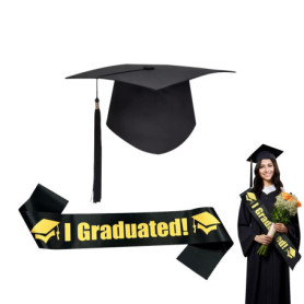 KUIRUNRX® Diplome Universitaire Robe, Chapeau de Remise de Diplôme et Ruban 2025, Noir Chapeau d'étudiant Bachelor pour Cérémoni