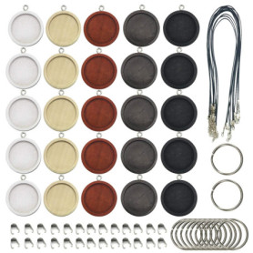 Allazone 45 PCS Bois Pendentif Plateaux Rond 25 MM 5 Couleur Supports Pendentif, Corde de Cire Noire et Boucle de Suspension pou
