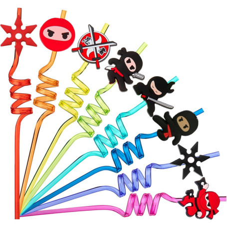 LTHOENG Ninja Lot de 16 pailles réutilisables pour anniversaire d'enfant Motif ninja, XG-001