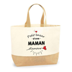 Sac Maman d'Amour | Cabas de Plage Courses Coton et Toile de Jute Idée Cadeau Femme