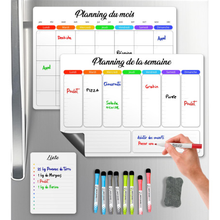 SKYCROO ® Calendrier Magnetique Frigo Blanc x3 + Accessoires - Planificateur Hebdomadaire + Mensuel + Mémo Aimanté Planning Sema