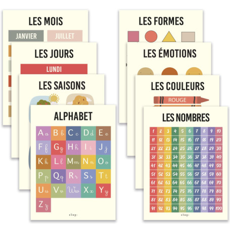 BAMMI 8 Posters Pédagogiques 30x42cm : Affiches Éducatives pour Enfants - Nombres Alphabet Couleurs Jours Mois Saisons Émotions 
