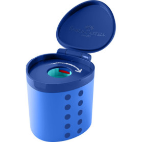FABER-CASTELL 181790 - Taille-crayon Grippy avec protection de coupe, taille-crayon bleu avec récipient