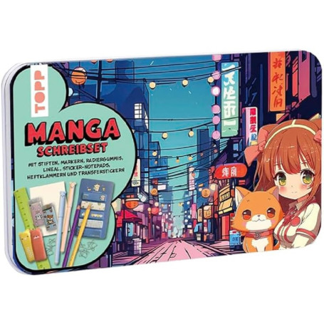 TOPP Set d'écriture manga : stylos, marqueur, gomme, règle, agrafes, 2 feuilles d'autocollants de transfert, notes autocollantes
