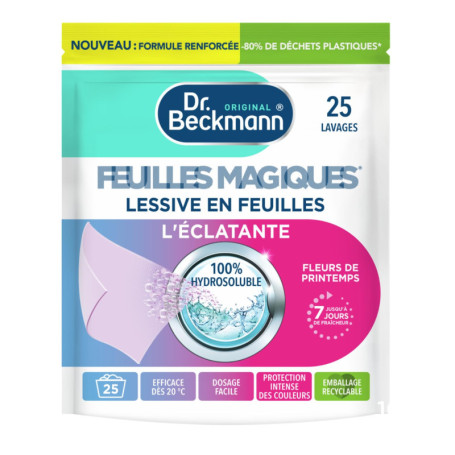 Dr. Beckmann FEUILLES MAGIQUES Lessive en feuilles L'ÉCLATANTE | Format pré-dosé, pratique et léger | 100% hydrosoluble, facile 