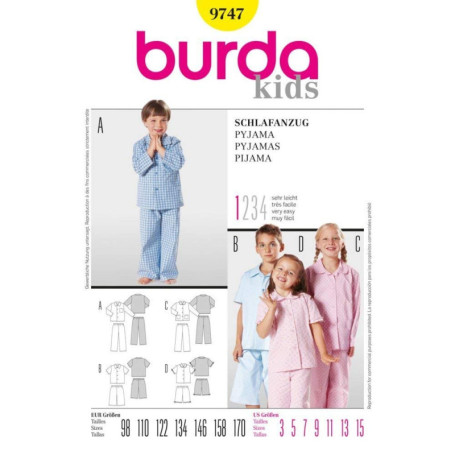 Burda B9747 Patron de Couture Pyjama 19 x 13 cm