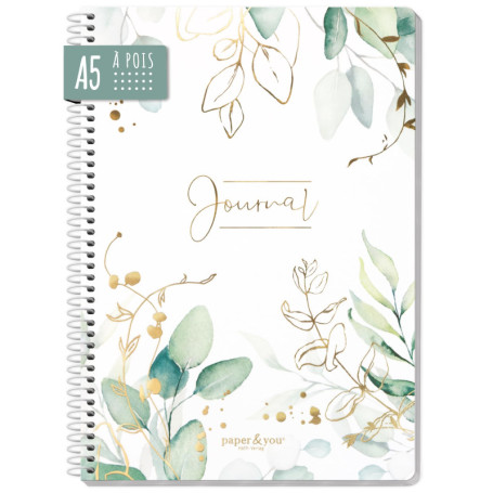 Bullet Journal à pois A5 avec reliure à spirales [feuille d'or] 160 pages | Carnet avec spirale, bloc collégial, bloc-notes de T