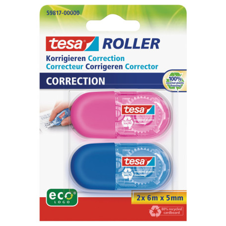 tesa Mini Roller de Correction EcoLogo - Pack de 2 Mini Rollers de Correction avec Design Ergonomique Multicolore - Dimension du