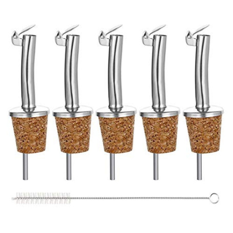 Incutex 5 Bouchon Verseur en Liège et 1 Brosse de Nettoyage, Becs Verseurs Réutilisable avec Clapet pour Bouteilles de Vin, d'hu