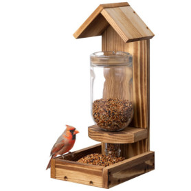 Navaris Mangeoire Oiseaux Exterieur - Maison Oiseau en Bois de Pin avec Distributeur Graines de Tournesol de 750ml - Cabane à Su