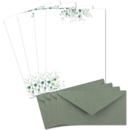 Lot de 25 feuilles de papier à lettres naturel A4 crème avec motif branches d’eucalyptus et enveloppes DL vert eucalyptus Papier