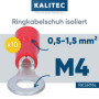 Lot de 10 cosses à anneau Kalitec RKSRM4 0,5-1 mm² I Partiellement isolées M4 rouge I Cuivre I Col en PVC I pour connecter des c