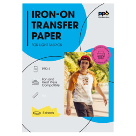 PPD 5 x A4 Papier Transfert Tee-Shirt/Textiles Blancs ou Clairs, Fond Transparent, Personnalisable, Thermocollant, Impression Je