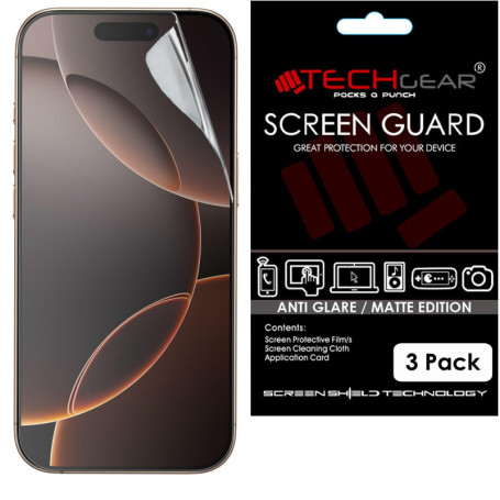 TECHGEAR [Lot de 3 films protecteurs d'écran mats pour iPhone 16 Pro - Anti-reflets - Avec chiffon de nettoyage et carte d'appli