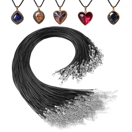 Kurtzy Paquet de 120 Cordons de Collier en Polyester Ciré Noir avec Chaîne et Fermoir Mousqueton - 50cm - pour Fabrication de Bi