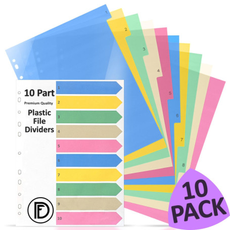 DocFeedz Lot de 10 intercalaires en plastique A4 avec papier d'index couleur pastel avec trous pré-perforés pour la maison, l'éc