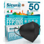 SICURA MASCHERINE CHIRURGICHE 50x Masque FFP3 Noir certifié CE fabriqué en Italie Haute Filtration Plus élevée BFE ≥99% PFE≥99% 