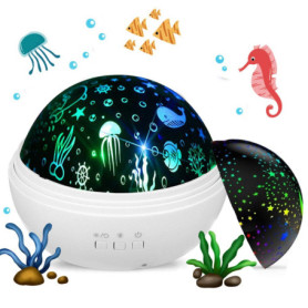 Veilleuse Enfant Projecteur, Bébé Lampe Projecteur Étoile et Océan, 360°Rotation Projection Lampes de Chevet (Blanc)
