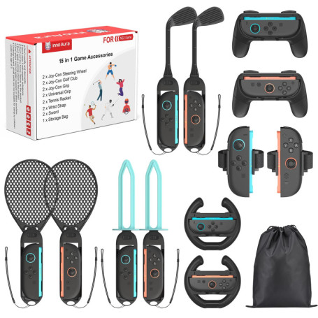 innoAura 15 En 1 Kit d'Accessoire Switch 2 Sport avec Sac de Rangement, Kits Accessoires pour NS Switch 2(2025) Family Party Pac