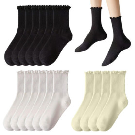 COACOM Lot de 8 paires de chaussettes à volants en coton plissé pour femme - Chaussettes élastiques mi-mollet (noir, blanc, blan