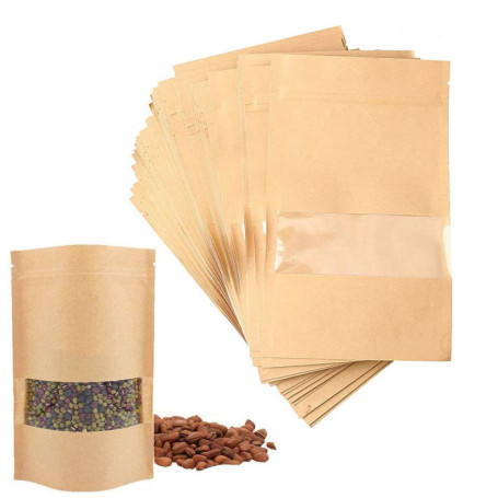 CYH Lot de 50 sacs en papier kraft auto-scellants – Pochettes de stockage alimentaires réutilisables avec fenêtre transparente –