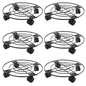 JEUIHAU Lot de 6 paniers de fleurs en métal de 27 cm avec roue de frein pivotante, porte plante a roulettes, support rond robust
