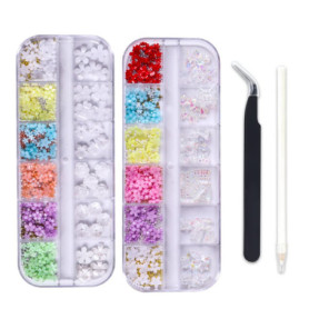 2 Boîtes 3D Fleur Nail Art, Résine Pétale Acrylique Nail Art Ornement Or et Argent Perles Mixte DIY Bijoux Nail Design Accessoir