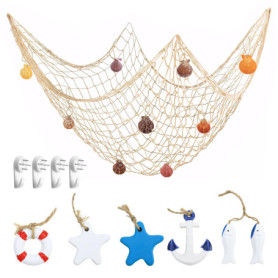 PIWOSGOL Filet de Peche Décoratif 100x200cm Filet de Peche avec Coquillage Decoration, avec 6 Pièces Decoration Marine, pour Mai