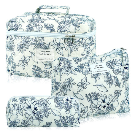 3 Pièces Trousse de Toilette Femme en Coton Matelassé, Ensemble de Sacs à Cosmétiques de Voyage avec Motif Floral, Grand Sac à M