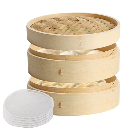 GOEDCH Cuiseur Vapeur en Bambou: 21 cm Panier Vapeur en Bambou à 2 Étages, Cuisson Vapeur Asiatique avec Couvercle, avec 5 Tapis