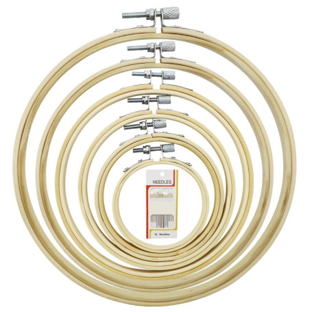 Lot de 6 cadres à broder et 16 aiguilles à coudre, cadre de broderie rond en bambou, cadre de broderie rond réglable, sans bavur