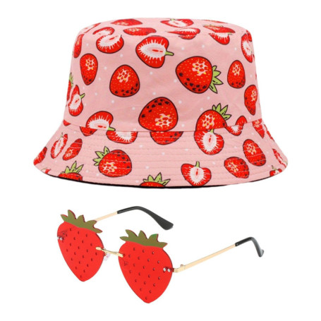 1 Chapeau Seau À Fraises Et 1 Lunettes À Fraises, Chapeau De Protection Solaire pour Femme, Chapeau De Protection UV, Lunettes D