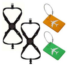 Lot de 2 sangles de bagage, 2 étiquettes de bagage, sangles de fixation de bagages, bandes élastiques pour valise, élastiques