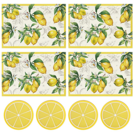 Lot de 4 sets de table décoratifs avec citron, 4 dessous de verre au citron, tapis de vaisselle pour l'extérieur, fournitures de