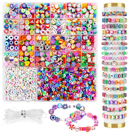 2300pcs Perles pour Bracelet, Kit Bracelet Perle, Perles Enfant pour Bijoux, Fruits, Fleurs, Smiley, DIY Artisanat d'art, Cadeau
