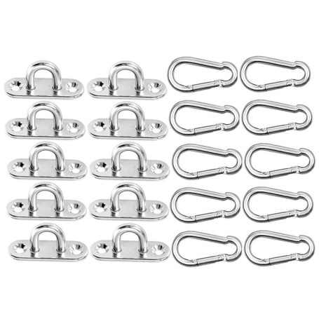 10 Pièces Plaque à œil en acier Inoxydable et 10 Mousquetons Ancrage Mural Crochets de Plafond Convient pour le Camping, l'auven