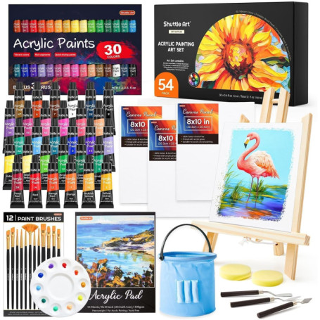 Shuttle Art 54 Pièces Kit Peinture Acrylique avec 30 Tubes Peinture Acrylique (12ml), Chevalet Peinture, Pinceaux Peinture, Toil