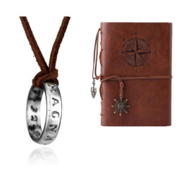 XHBTS Uncharted 4 Drake Collier avec pendentif en forme de bague gravée avec 20 autocollants et chaîne en cuir marron et carnet 
