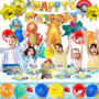Lot de 100 décorations d'anniversaire pour enfants, avec ballons, nappe, autocollants de tatouage, décoration de gâteau, bannièr