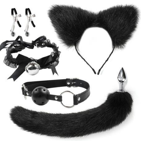 Ensemble noir d'oreilles, collier, pince, bâillon, bracelet, queue de renard, jouet de jeu d'imitation