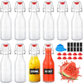 YAMAIDUO Lot de 10 Bouteille Verre 250ml, Bouteille en Verre avec Bouchon Mécanique avec 10 sceaux, 10 étiquettes, entonnoir pou