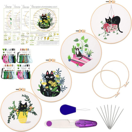 MINGHAM Lot de 4 kits de broderie motif chat avec motifs et instructions pour débutants kits de point de croix pour adultes, fil