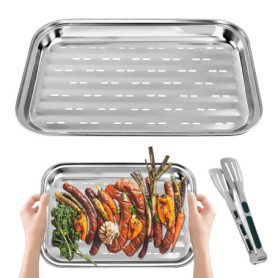 Huucozn 2 Pcs Grilles de Barbecue Acier Inoxydable avec 1 Pince Cuisine INOX, Paniers a Grillades BBQ Grille Panier Poêles à Gri
