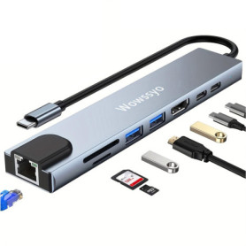 Wowssyo Hub USB C 8 en 1 Adaptateur Multiport pour MacBook M1 Pro/Air avec RJ45 Ethernet, 4K HDTV, PD 100W, 2 USB C, Lecteurs SD